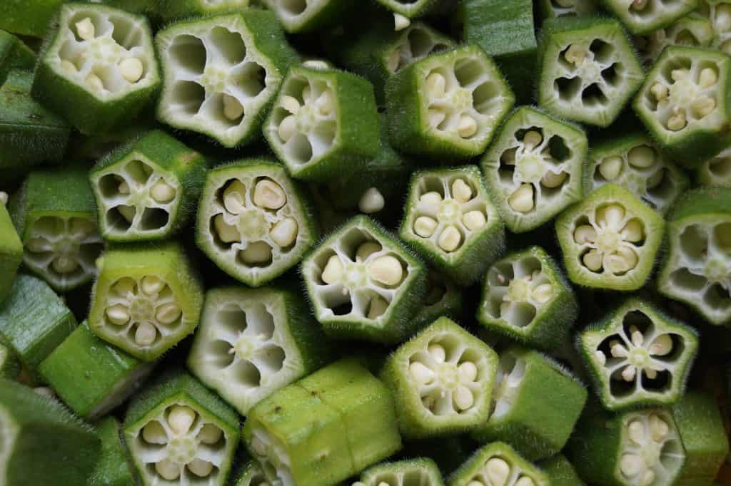 closeup of cut pieces of okra