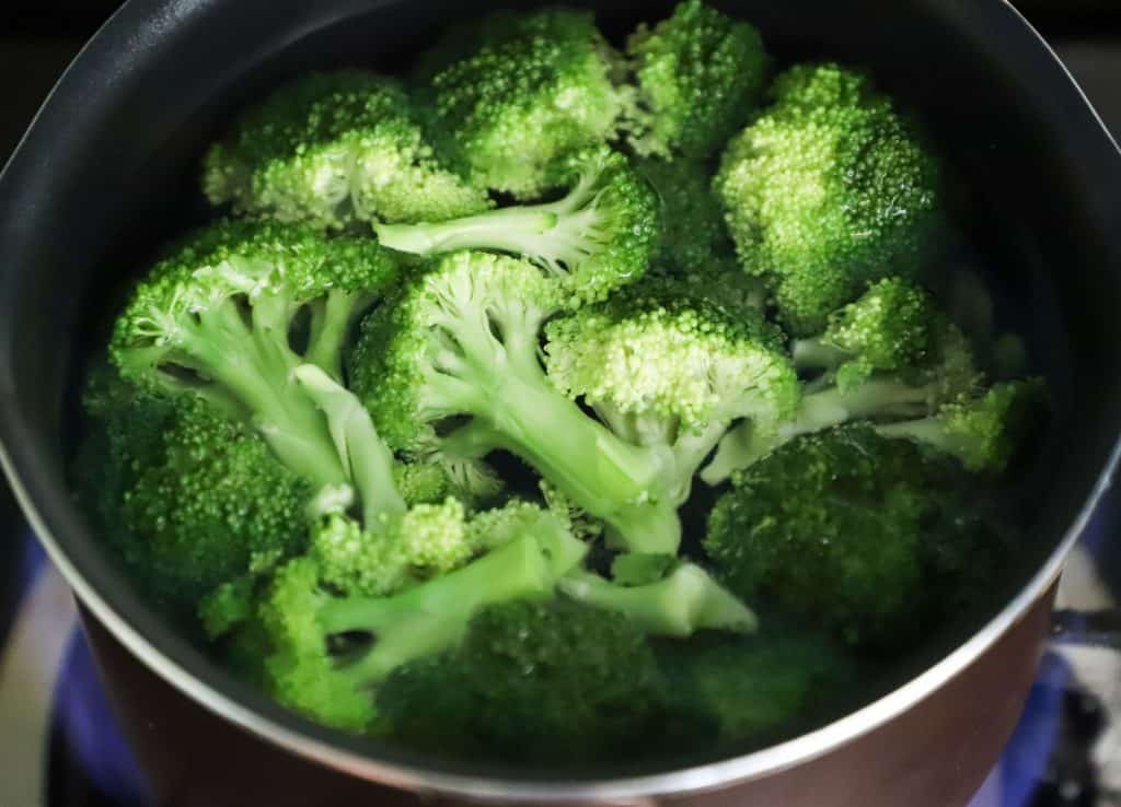 broccoli in pot of boiling water